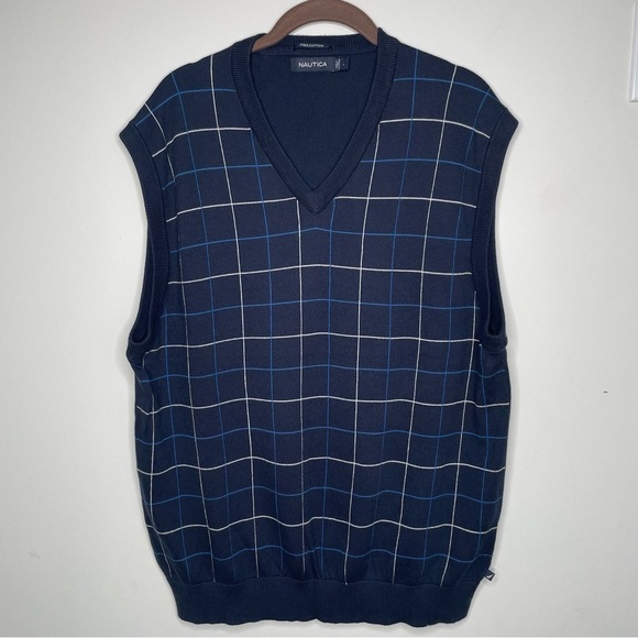 NAUTICA Men’s ribbed V-neck Grandpa Checkered sweater Vest L 100% Pima Cotton - Picture 9 of 11